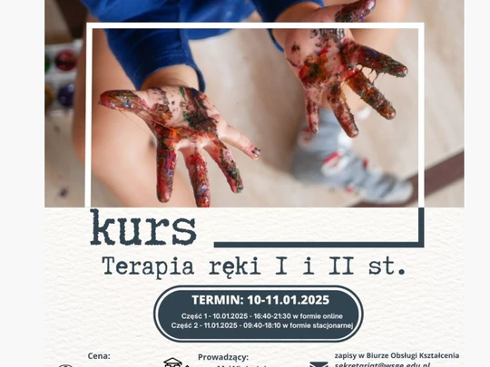 Zdjęcie dziecięcych dłoni pokrytych kolorową farbą. Na dole napis „kurs” oraz „Terapia ręki I i II st.” Grafika na białym tle z ramką wokół dłoni