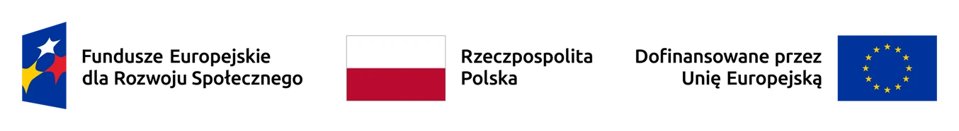 Na białym tle umieszczono trzy logotypy w jednym rzędzie: po lewej logo Funduszy Europejskich (kolorowa flaga z gwiazdami), pośrodku flaga Polski, po prawej flaga Unii Europejskiej. Wszystkie znaki prezentują źródła dofinansowania projektów.