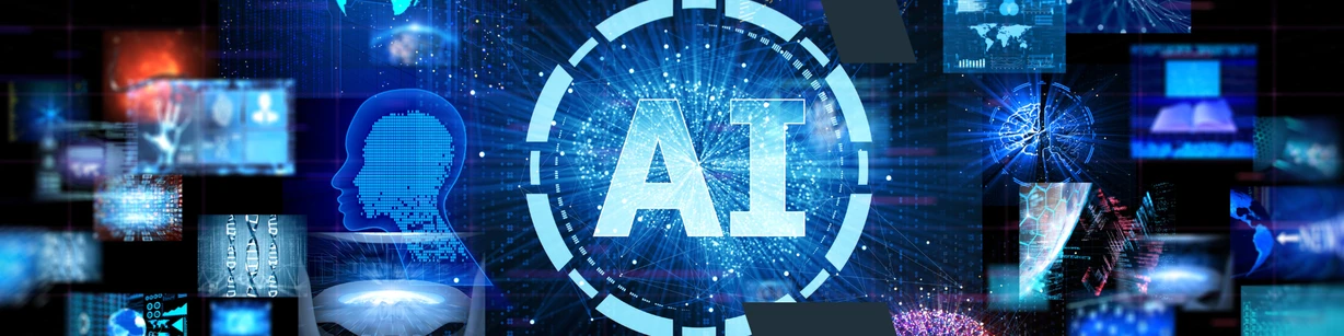 Centralnie umieszczony napis „AI” w otoczeniu cyfrowych efektów i niebieskich świateł, na tle licznych paneli technologicznych—np. sylwetki ludzkiej głowy, wykresów, danych binarnych oraz elementów związanych ze sztuczną inteligencją.