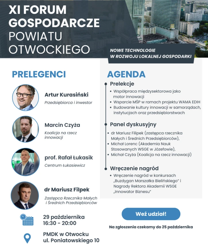Plakat zapowiada XI Forum Gospodarcze Powiatu Otwockiego pod hasłem „Nowe technologie w rozwoju lokalnej gospodarki”. Wydarzenie odbędzie się 29 października w godz. 16:30–20:00 w PMDK w Otwocku przy ul. Poniatowskiego 10.