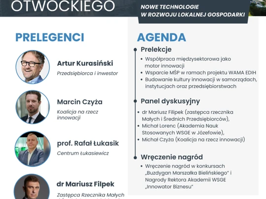 Plakat zapowiada XI Forum Gospodarcze Powiatu Otwockiego pod hasłem „Nowe technologie w rozwoju lokalnej gospodarki”. Wydarzenie odbędzie się 29 października w godz. 16:30–20:00 w PMDK w Otwocku przy ul. Poniatowskiego 10.