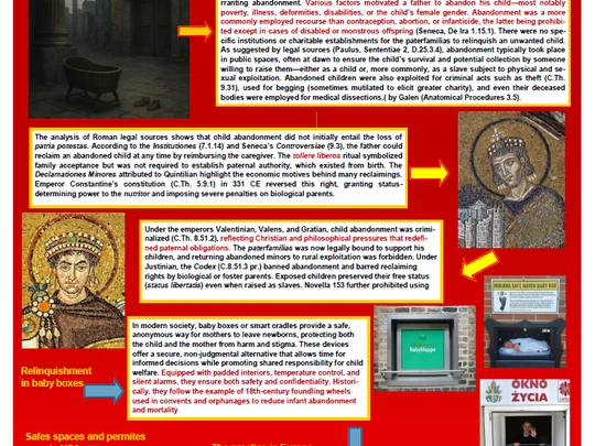 Plakat konferencyjny o prawie dziecka do tożsamości biologicznej – „Newborn safety devices: right to biological identity”. Historyczne i współczesne aspekty porzucania noworodków, okna życia, regulacje prawne w Europie i USA.
