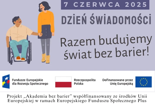 Na grafice mężczyzna na wózku inwalidzkim oraz stojąca kobieta w żółtej bluzie. Z prawej strony znajduje się tekst: „7 czerwca 2025 Dzień Świadomości. Razem budujemy świat bez barier!”. Na dole logotypy Funduszy Europejskich oraz Unii Europejskiej.