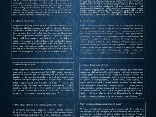 Na ciemnoniebieskim tle plakat w języku angielskim pt. „Illegal Adoption as a Form of Human Trafficking”. Autor: Olga Andrejas, Jan Kochanowski University in Kielce (Poland). Tekst podzielony na kolumny, drobne białe litery.