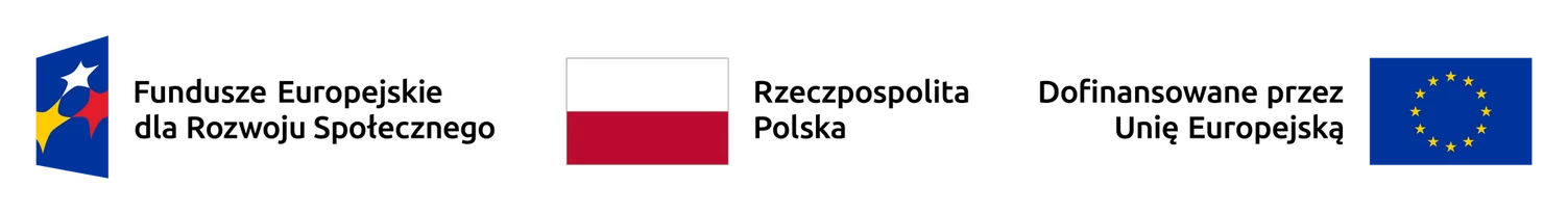 Na białym tle umieszczono trzy logotypy w jednym rzędzie: po lewej logo Funduszy Europejskich (kolorowa flaga z gwiazdami), pośrodku flaga Polski, po prawej flaga Unii Europejskiej. Wszystkie znaki prezentują źródła dofinansowania projektów.