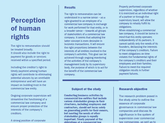 Plakat naukowy w języku angielskim, tytuł: „The role of corporate governance in commercial law companies in respecting human rights”. Autor: Anna Kanarek-Równicka, Jan Kochanowski University. S